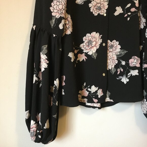 Black Off Shoulder Sleeve Floral Mother of Pearl Button Up Blouse - Picture 4 of 14